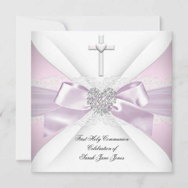 First Holy Communion Pink White Silver Heart Girl Invitation (Front)