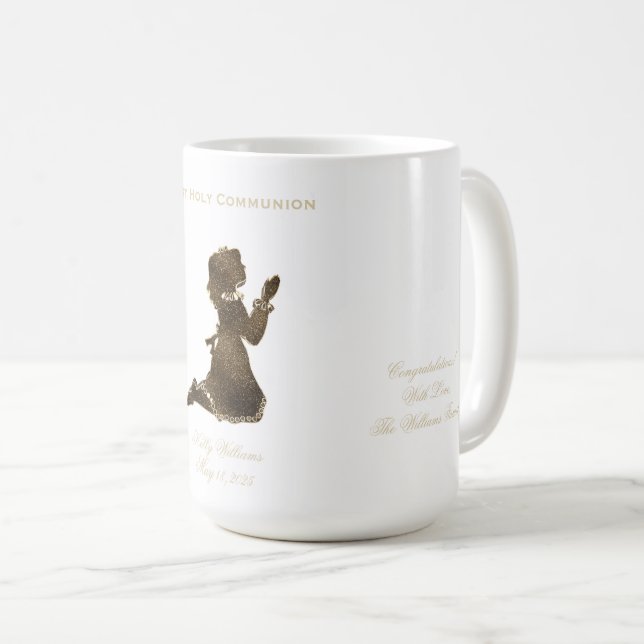 First Holy Communion Praying Girl Gold Elegant Coffee Mug (Front Right)