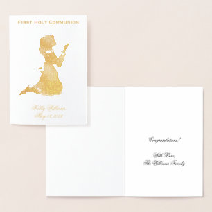 First Holy Communion Praying Girl Gold Elegant Foil Card