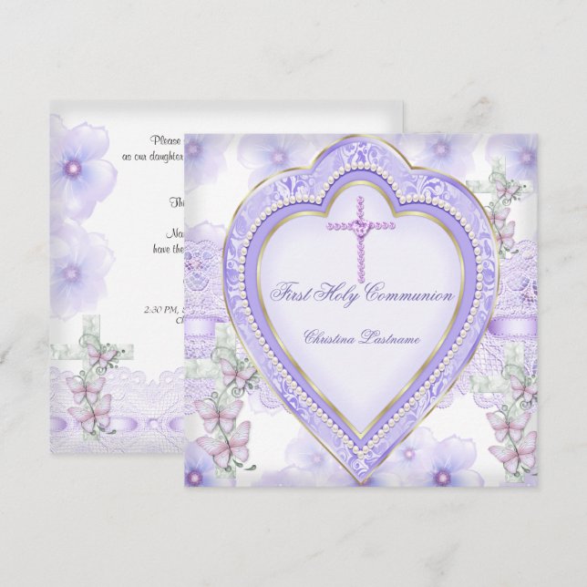First Holy Communion Purple Pink Heart Girl 2 Invitation (Front/Back)
