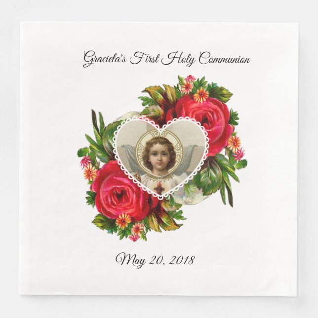 First Holy Communion Red Roses Jesus Cross Napkin (Front)