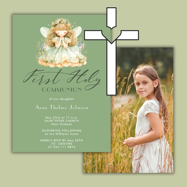 First Holy Communion Religious Catholic Girl Green Invitation (Creator Uploaded)