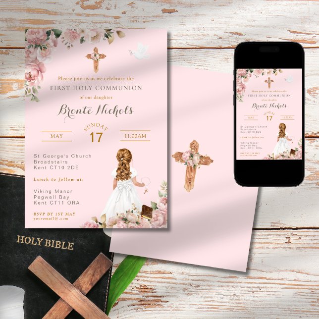 First Holy Communion Religious Pink Girl Invitation (Creator Uploaded)