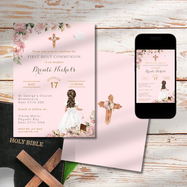 First Holy Communion Religious Pink Girl Invitation (Creator Uploaded)