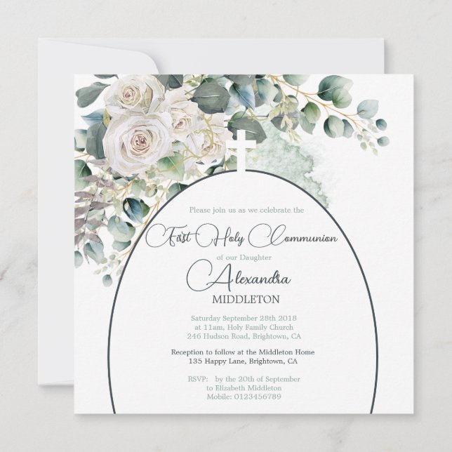 First Holy Communion Religious Roses Green Cross (Back)