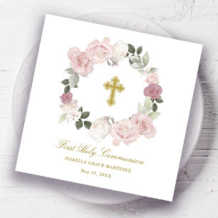 First Holy Communion Rose Floral Cocktail Napkin