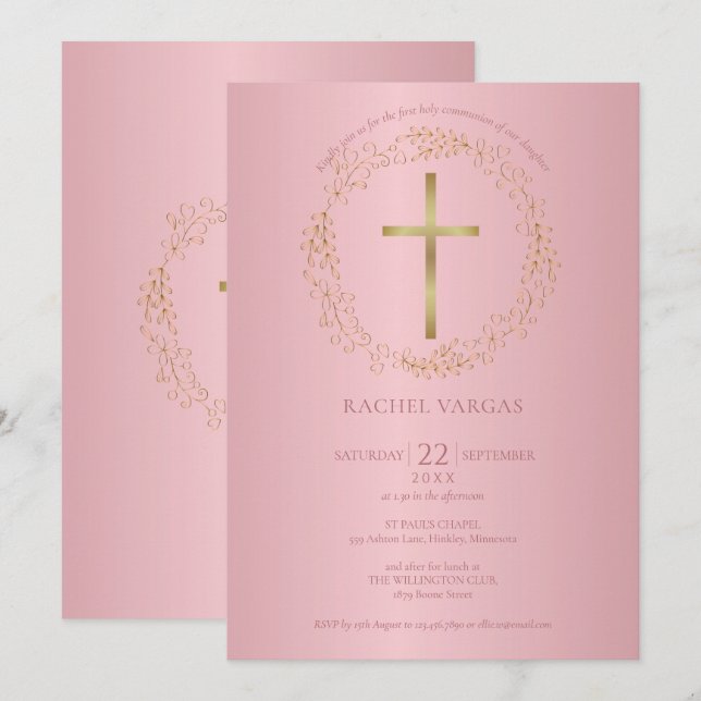 First Holy Communion Rose Gold Cross Floral Invitation (Front/Back)