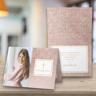 First Holy Communion Rose Gold Glitter Photo Thank You Card