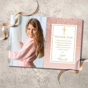 First Holy Communion Rose Gold Glitter Photo Thank You Card