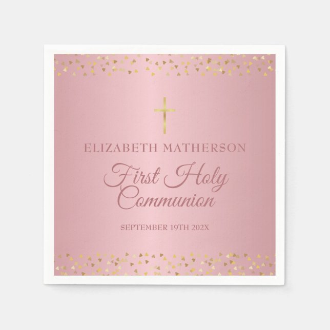 First Holy Communion Rose Gold Hearts Napkin (Front)
