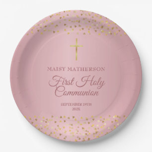First Holy Communion Rose Gold Hearts Paper Plate