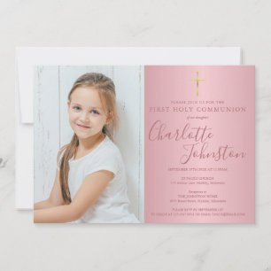 First Holy Communion Rose Gold Script Photo Invitation
