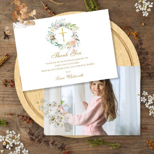 First Holy Communion Roses Floral Photo Gold Thank You Card