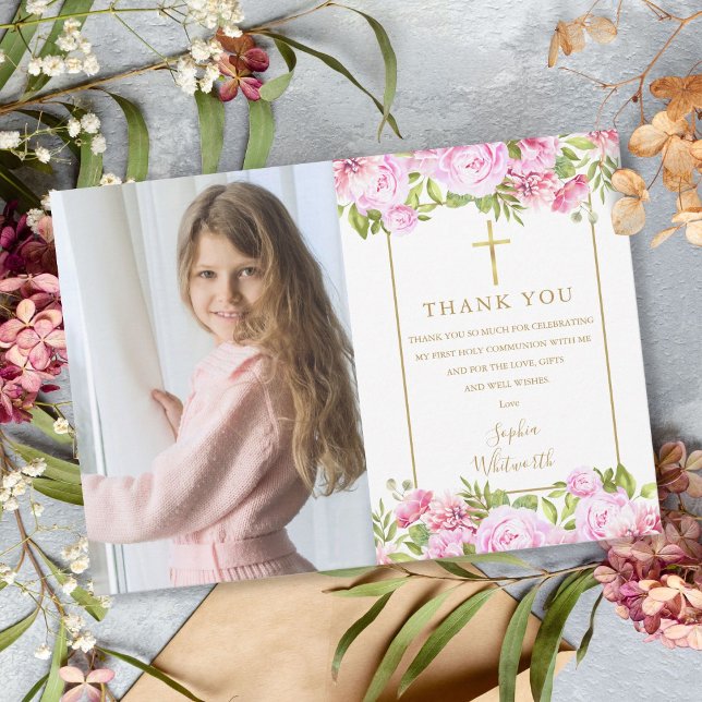 First Holy Communion Roses Floral Photo Thank You Card (Creator Uploaded)