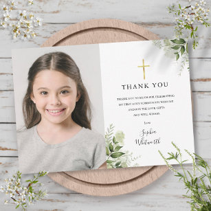 First Holy Communion Rustic Greenery Photo Thank You Card