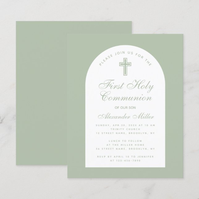 First Holy Communion Sage Green Budget Invitation (Front/Back)
