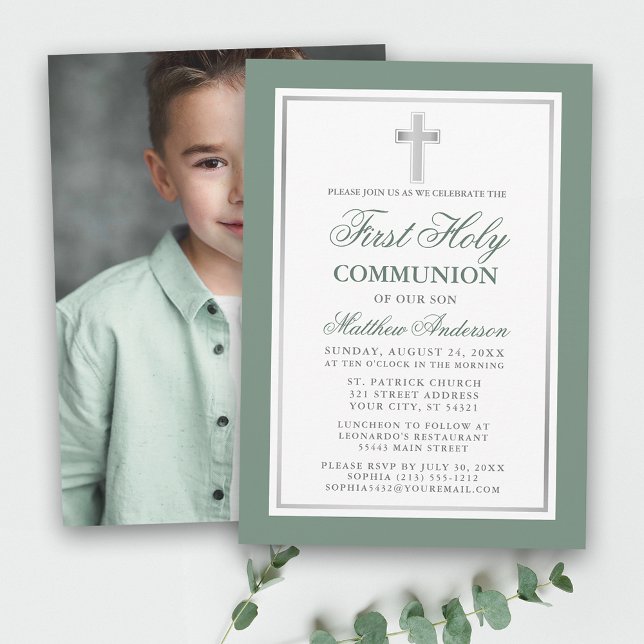 First Holy Communion Sage Green Silver Photo Invitation (Customize to change text size or text style.)