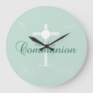 First Holy Communion, Script in Soft Green Large Clock