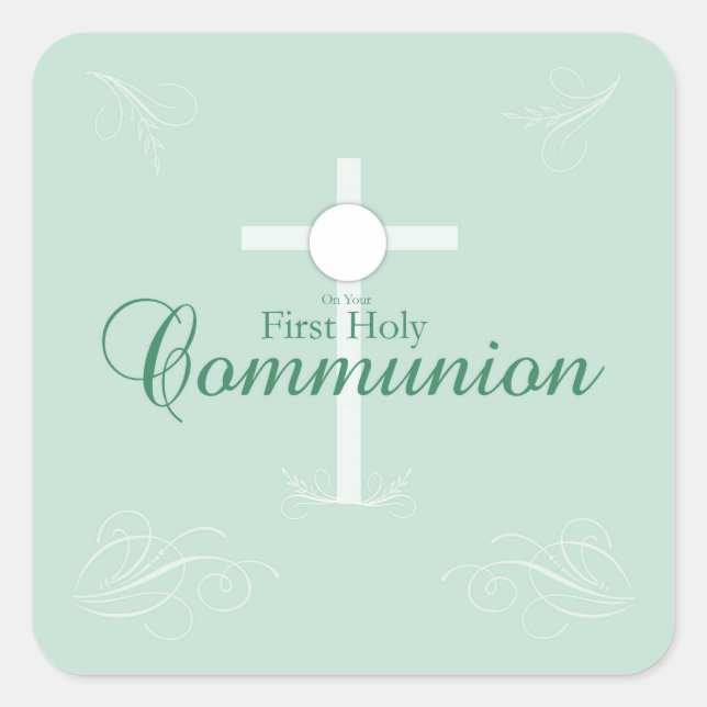 First Holy Communion, Script in Soft Green Square Sticker (Front)
