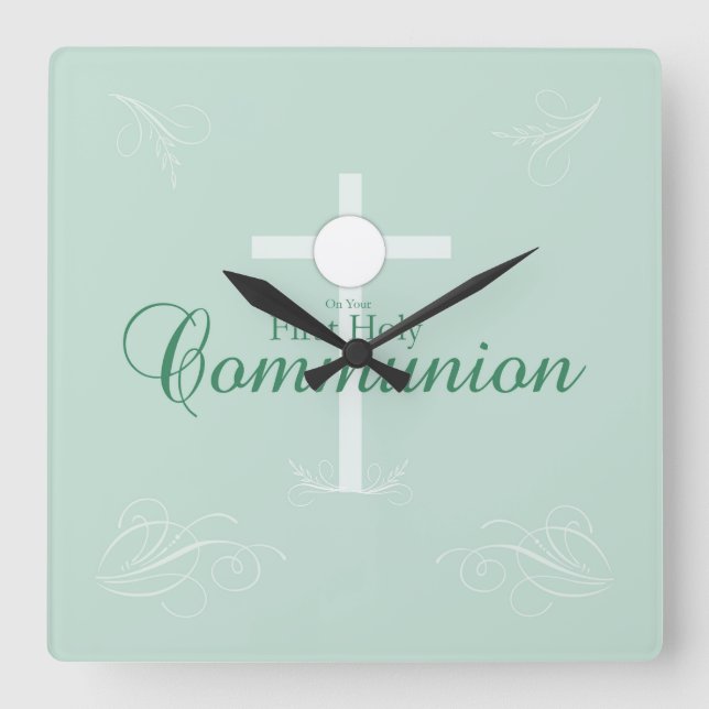 First Holy Communion, Script in Soft Green Square Wall Clock (Front)