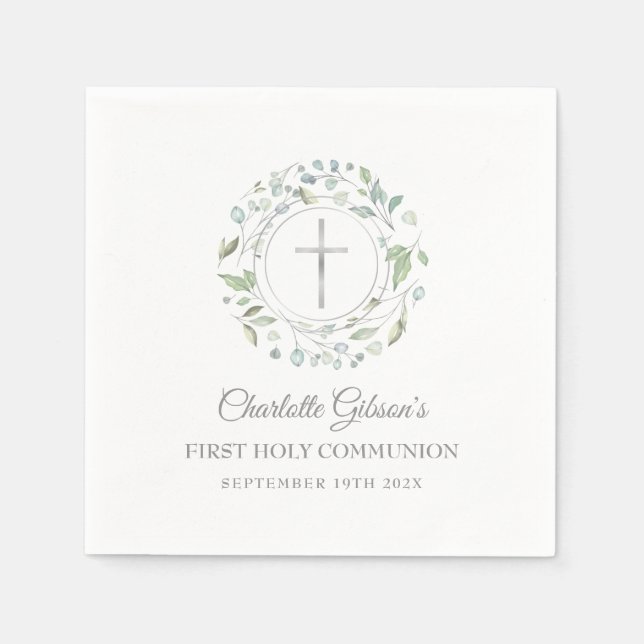 First Holy Communion Silver Cross Greenery Napkin (Front)