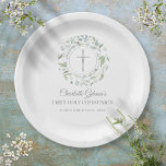 First Holy Communion Silver Cross Greenery Paper Plate<br><div class="desc">A decorative laurel greenery leaf garland with silver rings and a cross sit above your special holy communion details on this elegant paper plate design. Designed by Thisisnotme©</div>