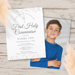 First Holy Communion Silver Save The Date Photo Announcement Postcard<br><div class="desc">An elegant First Holy Communion save the date invitation featuring delicate silver stardust. You can personalise with your special celebration details in chic silver text and add a special photo on the reverse. Designed by Thisisnotme©</div>