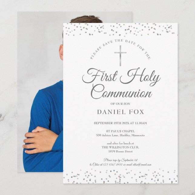 First Holy Communion Silver Stardust Photo Save The Date (Front/Back)
