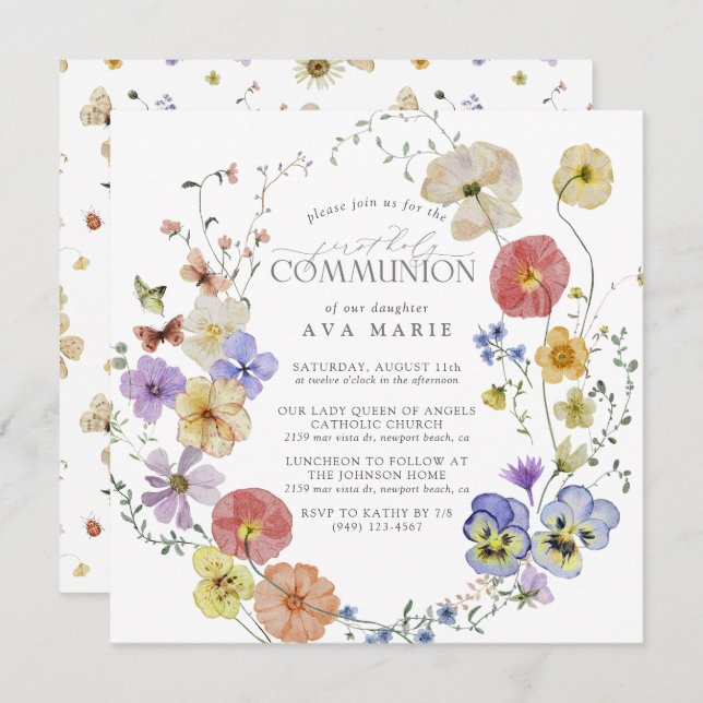 First Holy Communion Spring Summer Wildflower Invitation (Front/Back)