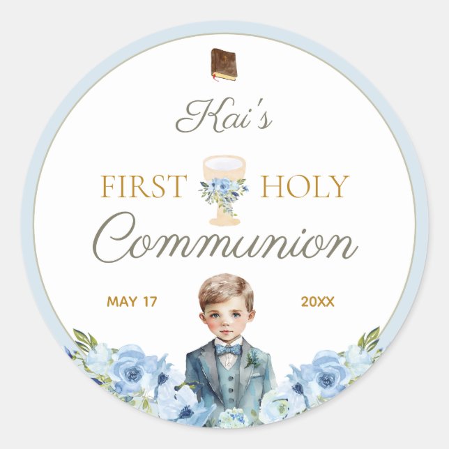 First Holy Communion Stickers Dusty Blue For Boys (Front)