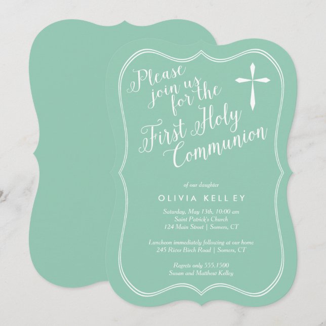 First Holy Communion Tag Frame and Cross, Mint Invitation (Front/Back)