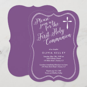 First Holy Communion Tag Frame and Cross, Purple Invitation