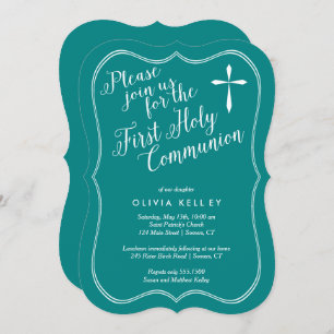 First Holy Communion Tag Frame and Cross, Teal Invitation