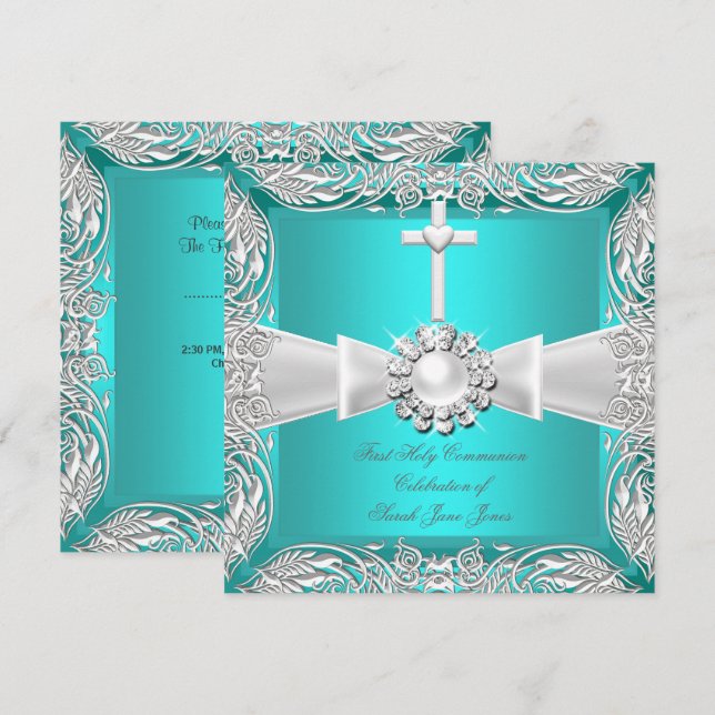 First Holy Communion Teal White Silver Girl Boy 2 Invitation (Front/Back)