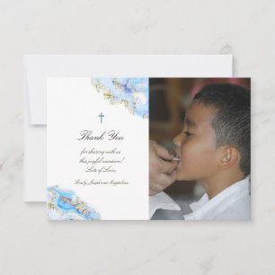 First Holy Communion thank you blue ink marble Invitation