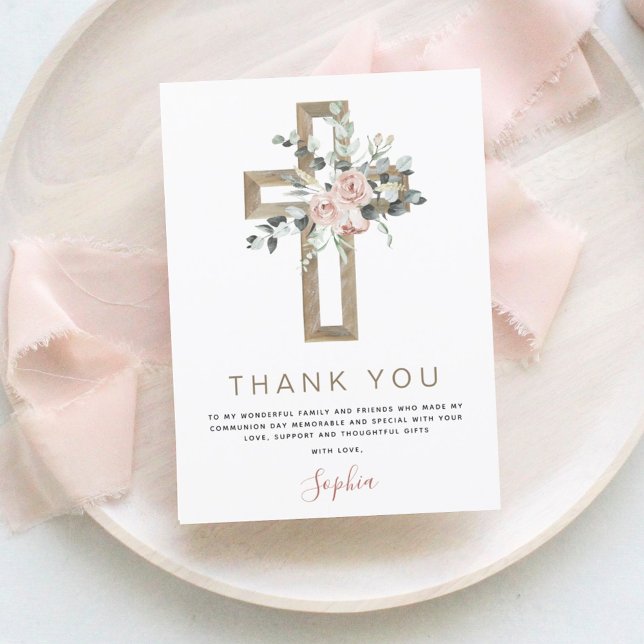 First Holy Communion Thank You Dusty Pink Rose Inv Card (Creator Uploaded)
