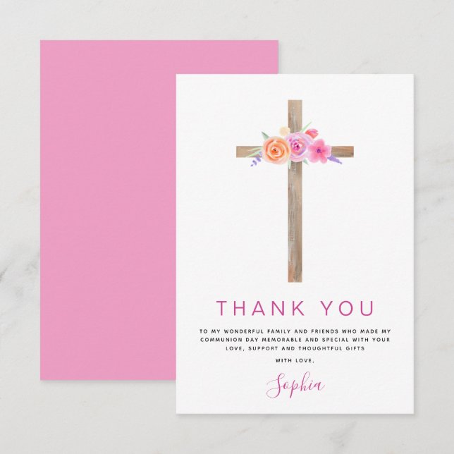 First Holy Communion Thank You Floral Pink Rose (Front/Back)