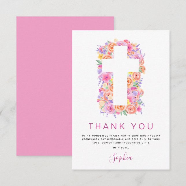 First Holy Communion Thank You Floral Pink Rose (Front/Back)
