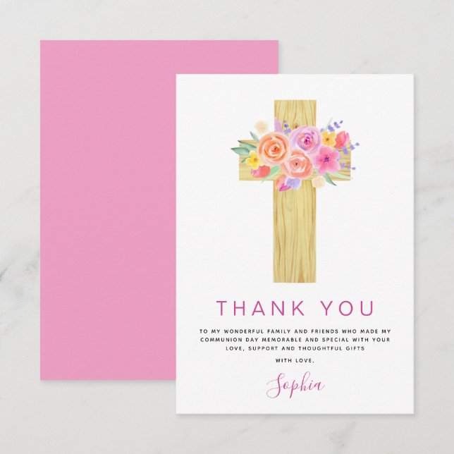 First Holy Communion Thank You Floral Pink Rose (Front/Back)