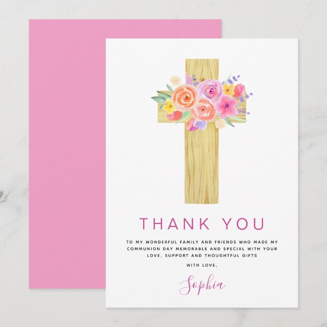 First Holy Communion Thank You Floral Pink Rose (Front/Back)