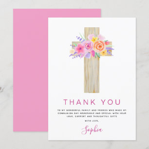 First Holy Communion Thank You Floral Pink Rose Card