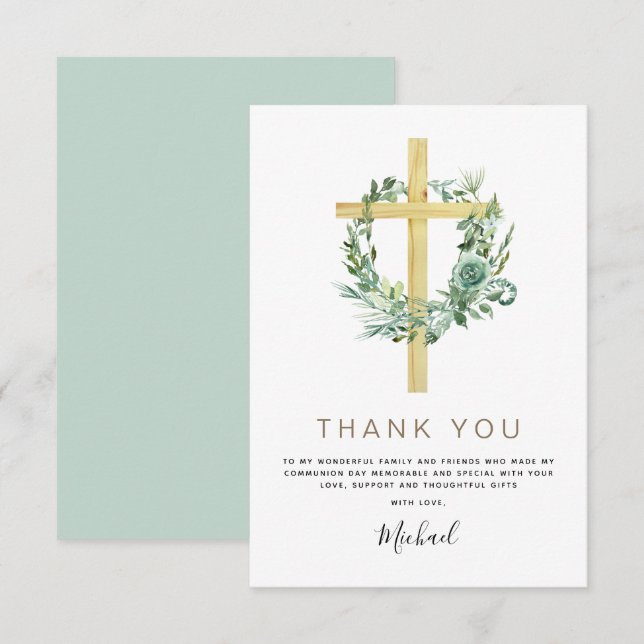 First Holy Communion Thank You Greenery Sage  Invi Card (Front/Back)