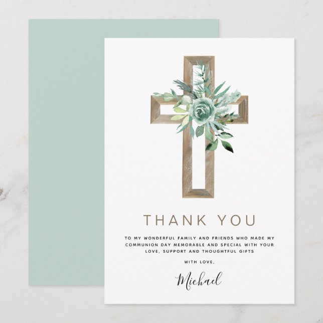 First Holy Communion Thank You Greenery Sage Invit (Front/Back)