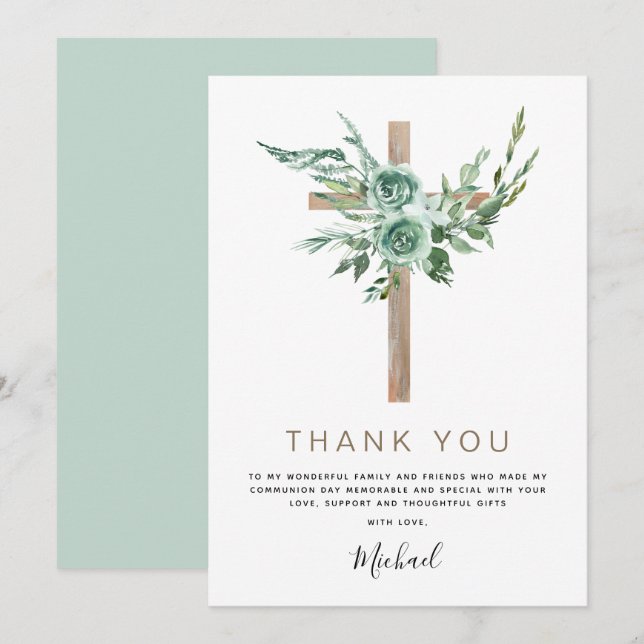 First Holy Communion Thank You Greenery Sage  Invitation (Front/Back)