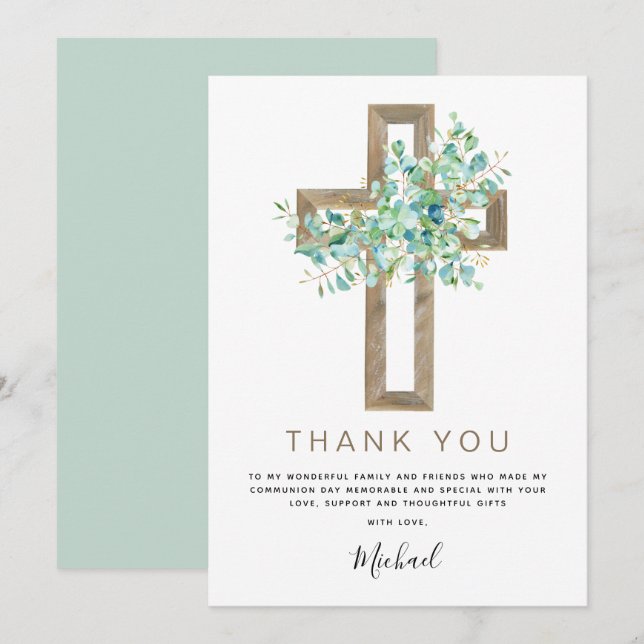First Holy Communion Thank You Sage Eucalyptus Invitation (Front/Back)