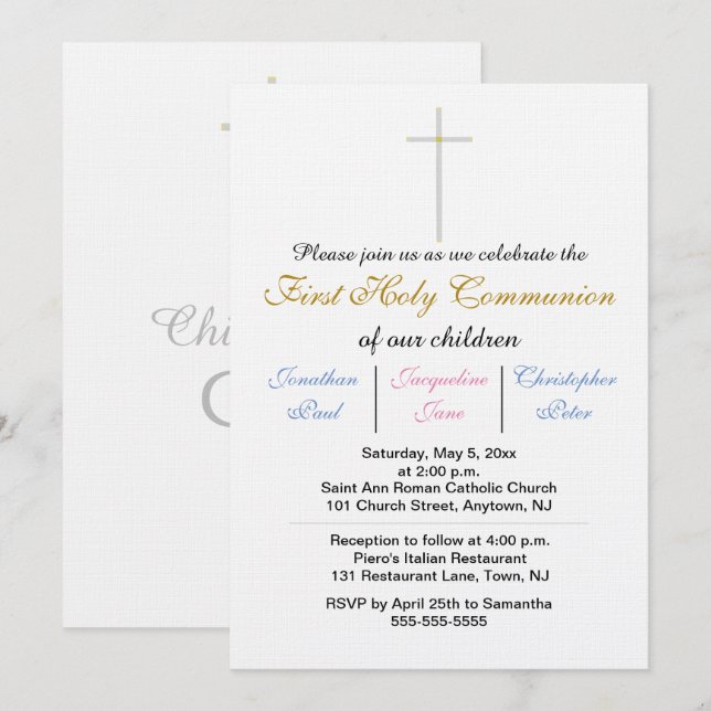 First Holy Communion Triplets Pink Blue Gold Invitation (Front/Back)