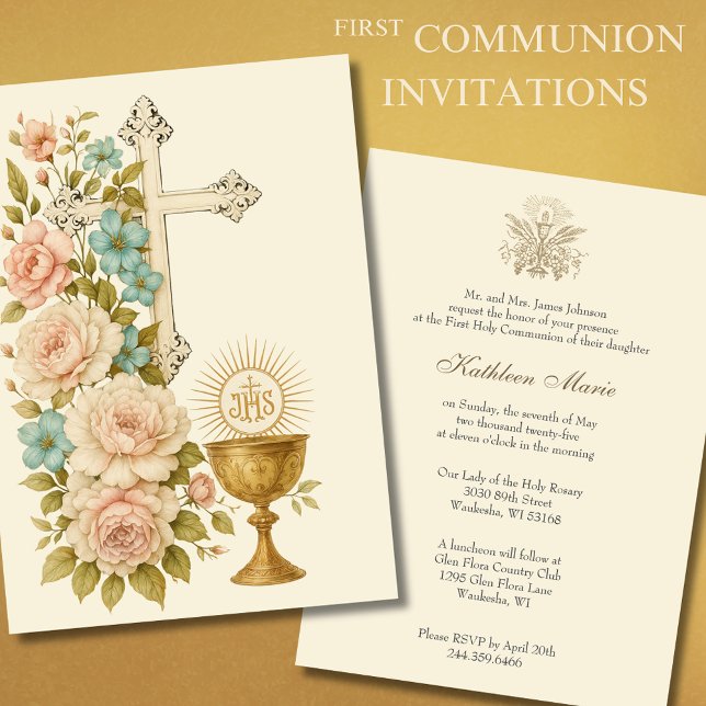  First Holy Communion Vintage Floral  Invitation (Creator Uploaded)
