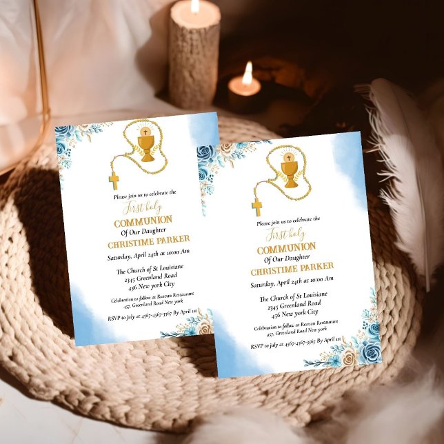 First holy communion  watercolor blue floral invitation (Creator Uploaded)