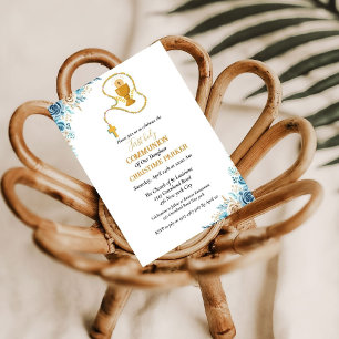 First holy communion  watercolor blue floral invitation