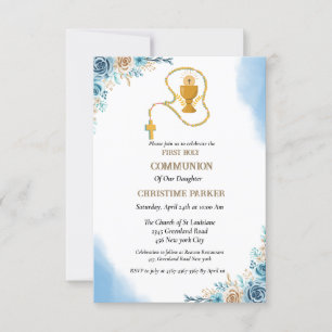 First holy communion watercolor blue splash floral invitation